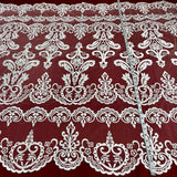 1 Yard Luxurious Corded Bridal Lace Fabric with Floral Embroidery White