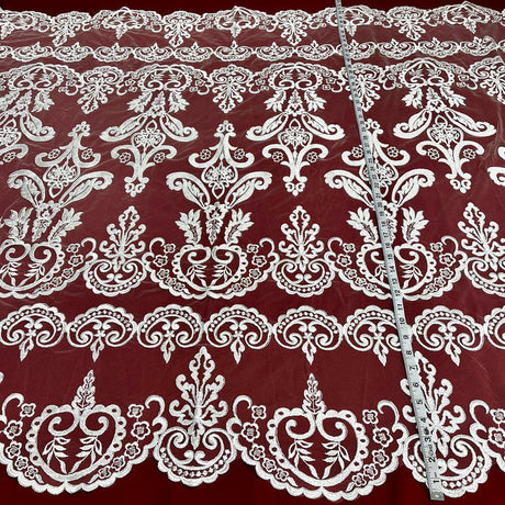 1 Yard Luxurious Corded Bridal Lace Fabric with Floral Embroidery White