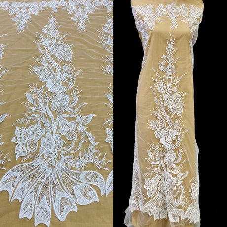 Beaded Sequined Lace Fabric - Embroidered 100 Percent Polyester Net Mesh, Gold, 50" Width (1 Yard)