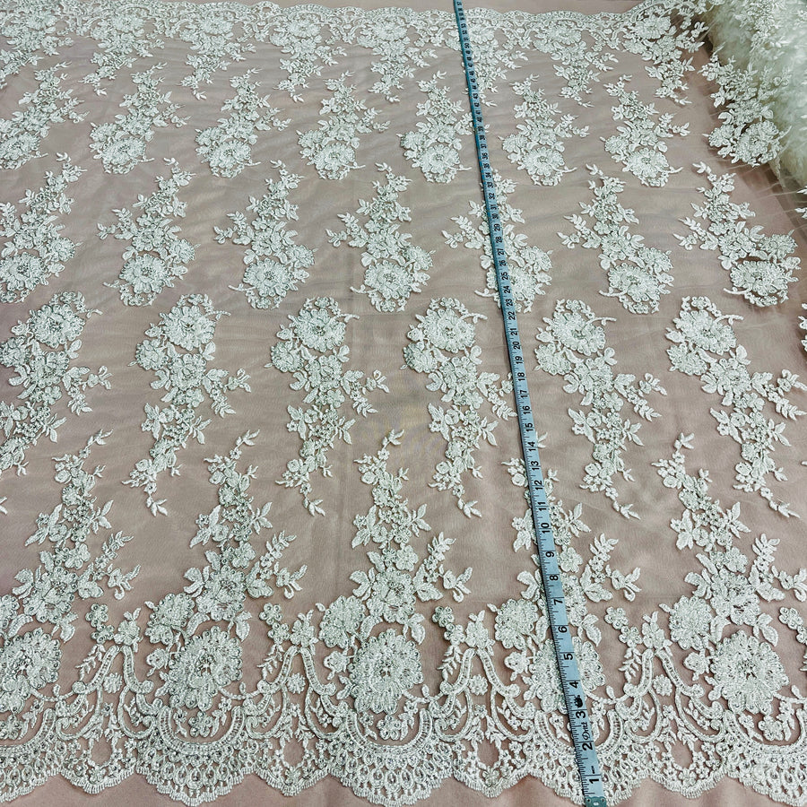 1 Yard Beaded Corded Bridal Lace Fabric Embroidered on 100% Polyester Net Mesh White