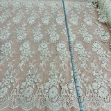 1 Yard Beaded Corded Bridal Lace Fabric Embroidered on 100% Polyester Net Mesh White