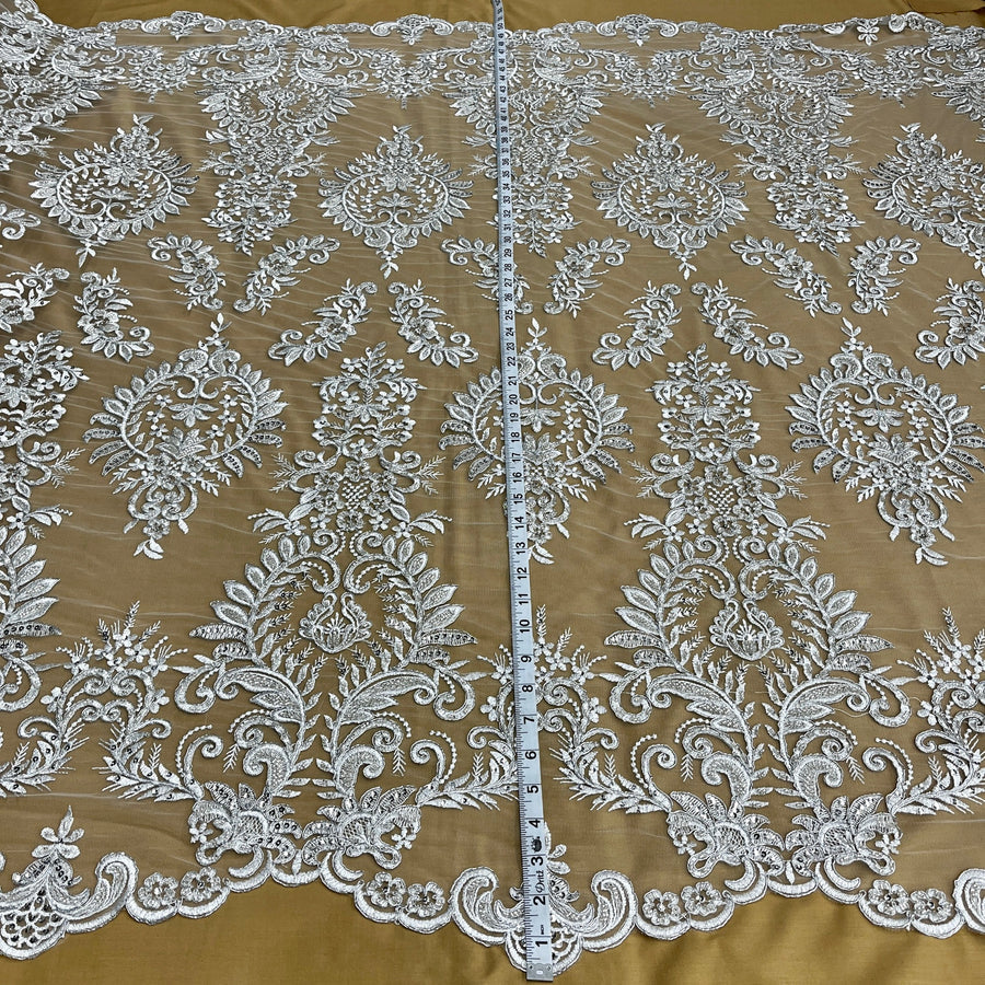 1 Yard Elegant Beaded & Corded Bridal Lace Fabric on 100% Polyester Net Mesh - White