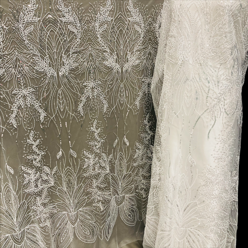 1 Yard Ivory Beaded Lace Fabric Embroidered on 100 Percent Polyester Net Mesh 52 Inch Width