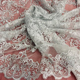 1 Yard Elegant Corded Bridal Lace Fabric Embroidered on 100% Polyester Net Mesh White