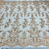 Beaded Corded Bridal Lace Fabric on Polyester Net Mesh
