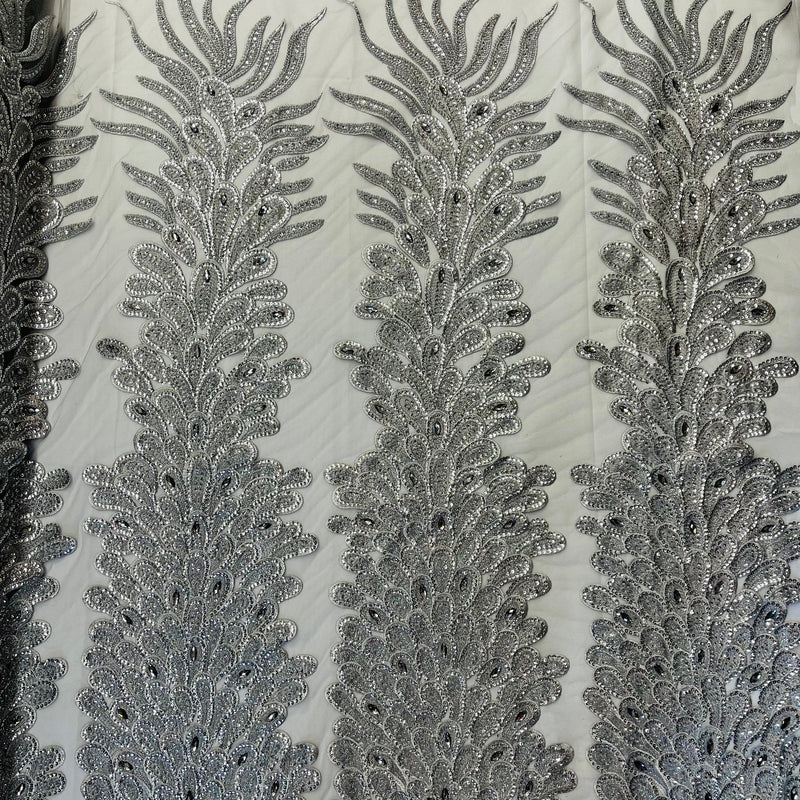 New Vegas Heavy Beaded Feather Design Embroidery Mesh Fabric - Beaded Feather Design, 11" Width, 50" Length (1 Panel)