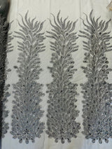 New Vegas Heavy Beaded Feather Design Embroidery Mesh Fabric - Beaded Feather Design, 11" Width, 50" Length (1 Panel)