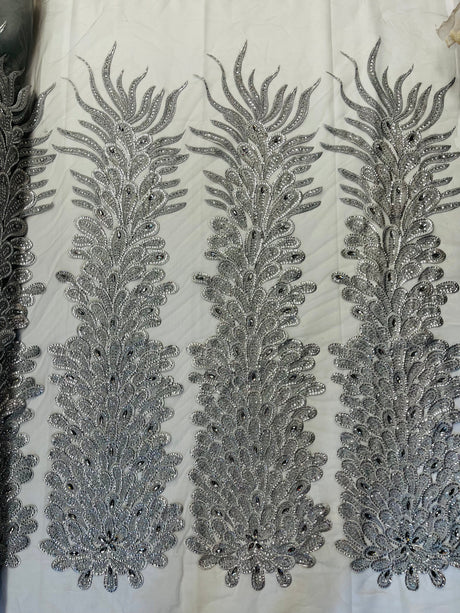 New Vegas Heavy Beaded Feather Design Embroidery Mesh Fabric - Beaded Feather Design, 11" Width, 50" Length (1 Panel)