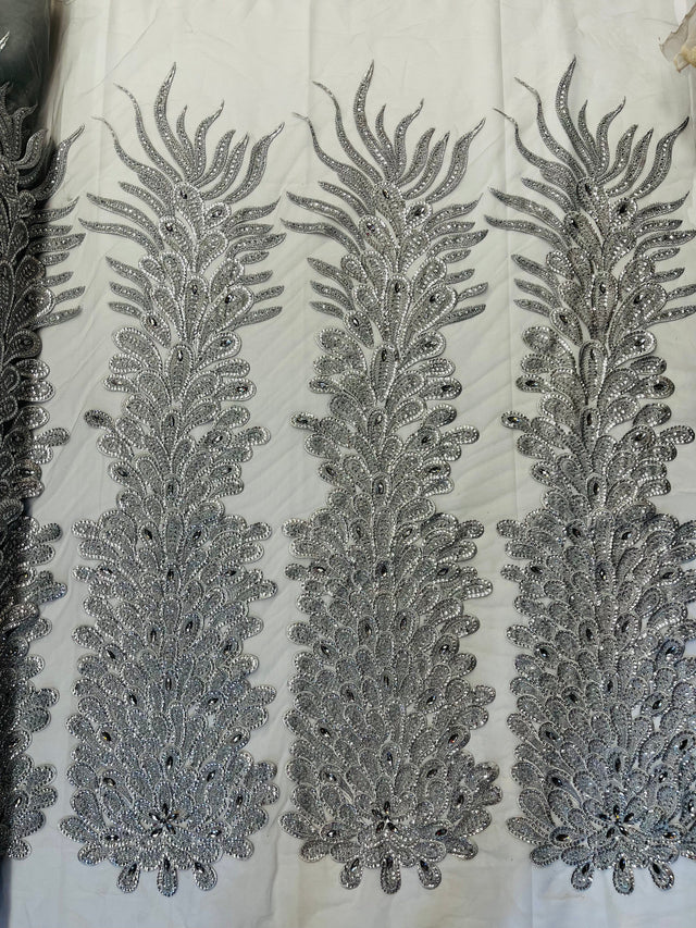 New Vegas Heavy Beaded Feather Design Embroidery Mesh Fabric - Beaded Feather Design, 11" Width, 50" Length (1 Panel)