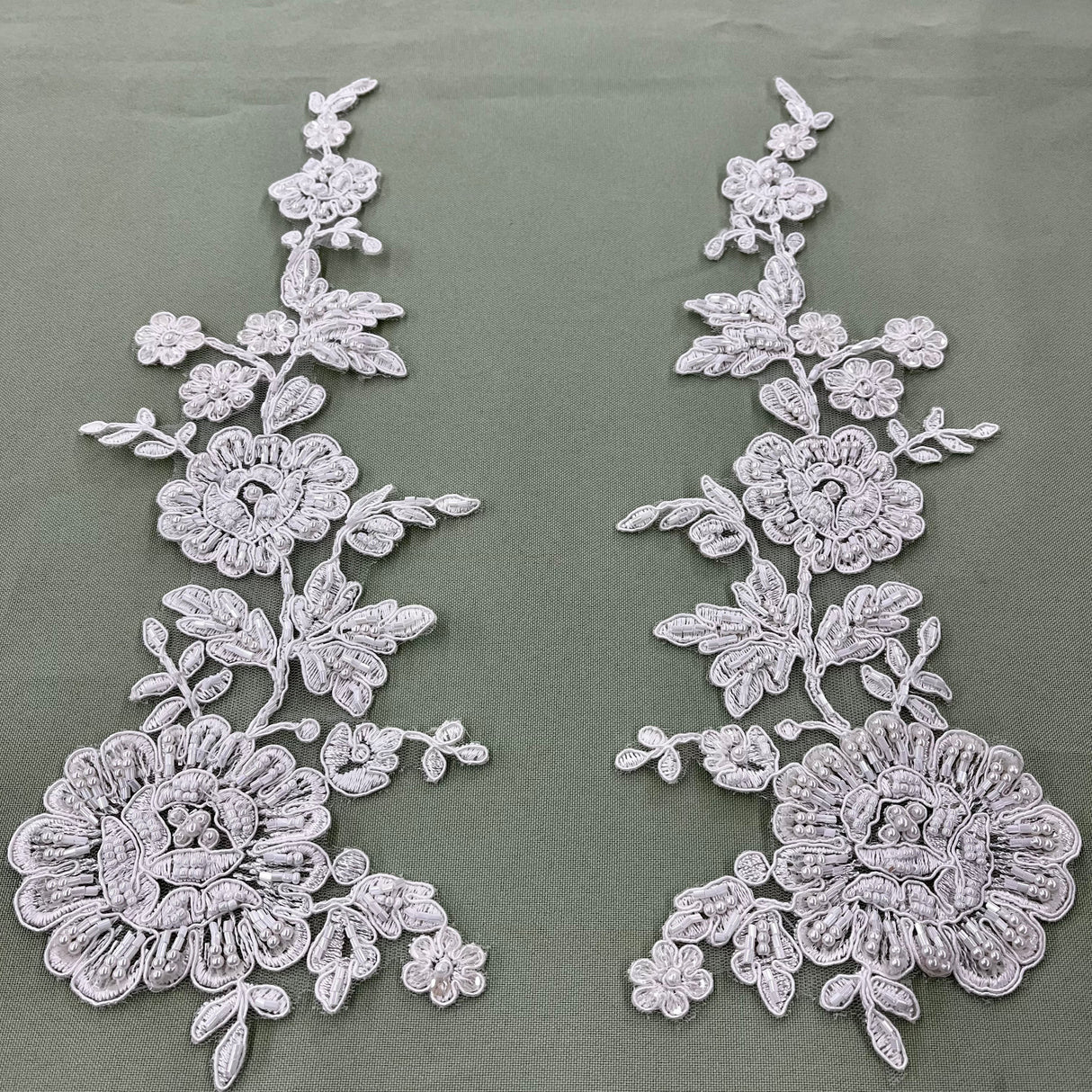 Beaded Corded Floral Lace Applique Embroidered 100 Percent Polyester Net Mesh Fabric - White, Ivory, Ivory With Silver Cording, White With Silver Cording, Black, 13" X 3.5" (1 Pair)
