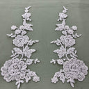 Beaded Corded Floral Lace Applique Embroidered 100 Percent Polyester Net Mesh Fabric - White, Ivory, Ivory With Silver Cording, White With Silver Cording, Black, 13" X 3.5" (1 Pair)