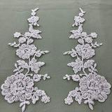 Beaded Corded Floral Lace Applique Embroidered 100 Percent Polyester Net Mesh Fabric - White, Ivory, Ivory With Silver Cording, White With Silver Cording, Black, 13" X 3.5" (1 Pair)