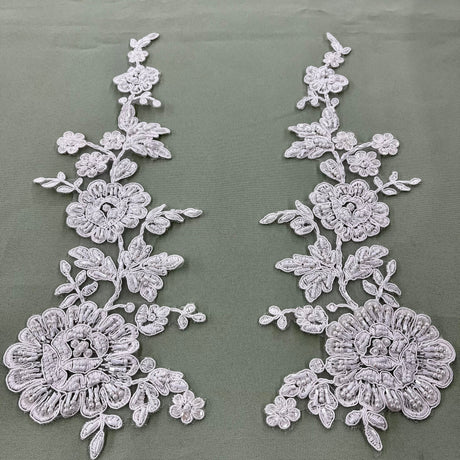 Beaded Corded Floral Lace Applique Embroidered 100 Percent Polyester Net Mesh Fabric - White, Ivory, Ivory With Silver Cording, White With Silver Cording, Black, 13" X 3.5" (1 Pair)