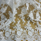 1 Yard Beaded Corded Bridal Lace Fabric Embroidered on 100% Polyester Net Mesh White