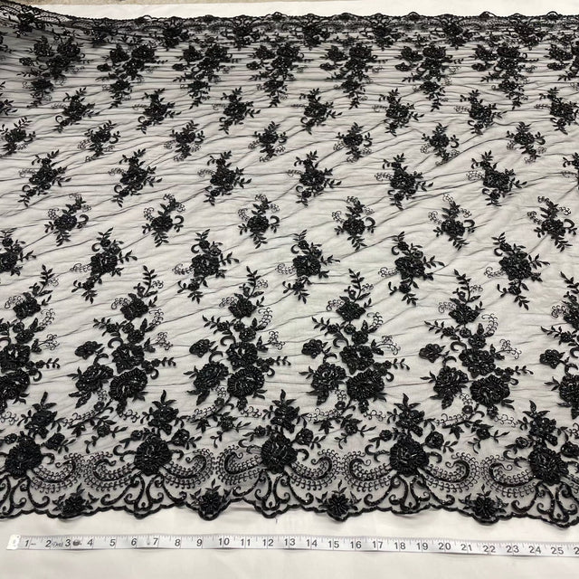 Black Beaded Sequined Lace Fabric 52"
