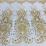 Beaded Lace Fabric Embroidered On 100 Percent Polyester Net Mesh - Gold, Silver, Ivory, White, 52" Wide (1 Yard)