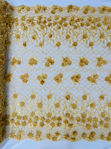 Lia 3D Floral Design Lace Fabric - Beaded Mesh, Double Scallop, 54" Width (1 Yard)