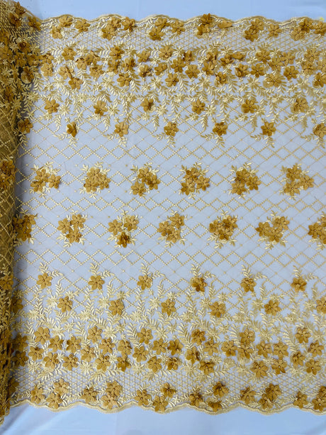 Lia 3D Floral Design Lace Fabric - Beaded Mesh, Double Scallop, 54" Width (1 Yard)