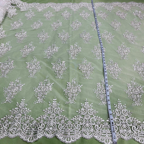 1 Yard Luxury Beaded and Corded Lace Fabric Embroidered on Polyester Net Mesh