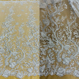 Beaded Corded Bridal Lace Fabric - Gold, Ivory, Silver, White, Embroidered On 100 Percent Polyester Net Mesh, 56" Wide (1 Yard)
