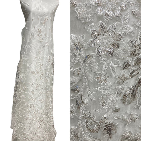 1 Yard Luxurious Beaded and Sequined Lace Fabric Embroidered on Polyester Net Mesh