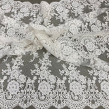 1 Yard Opulent Beaded and Corded Bridal Lace Fabric Embroidered on 100% Polyester Net Mesh White