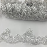 Corded Lace Trimming Embroidered On 100 Percent Polyester Net Mesh Fabric - Black, Fuchsia, Gold, Navy, Plum, Silver, Turquoise, White With Silver, White, Ivory, 3" Width (1 Yard)