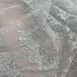 1 Yard Silver Beaded Embroidered Lace Fabric on Polyester Net Mesh for Bridal and Evening Couture – 52"