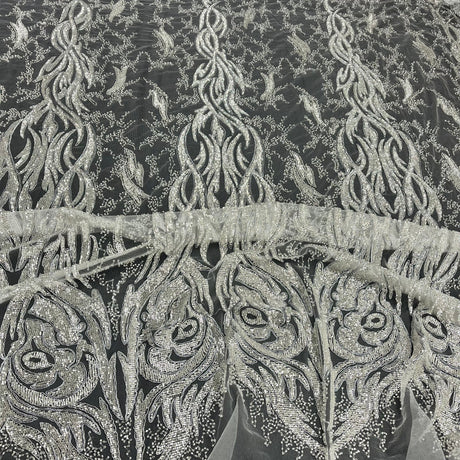 Beaded & Corded Bridal Lace Fabric - Embroidered 100 Percent Polyester Net Mesh, Ivory, Antique Silver, Gold, Silver, White, 58" Width (1 Yard)