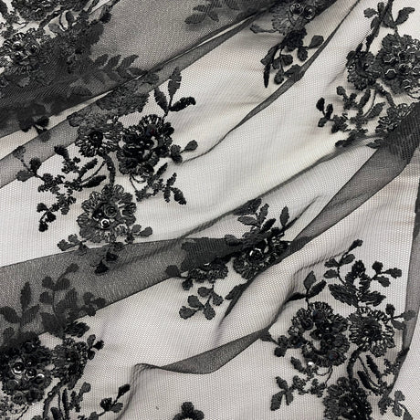 Beaded Embroidered Lace Black Mesh