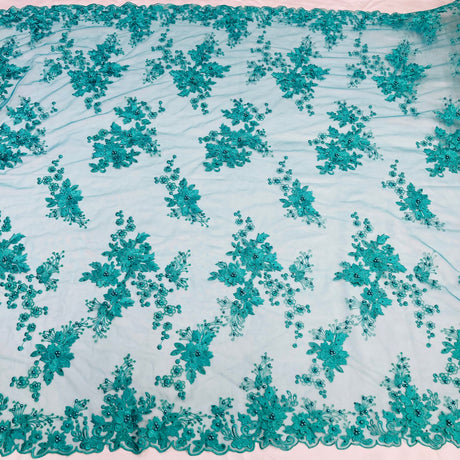 Beaded 3D Floral Lace Fabric - Embroidered On 100% Polyester Net Mesh, 52" Width, Multi Color (1 Yard)