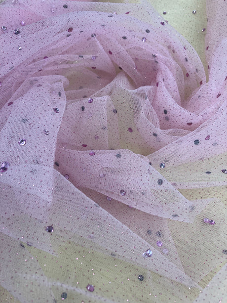1 Yard Glitter Mesh Fabric with Scattered Rhinestones | 60" Wide | 2 Way Stretch Sparkle Mesh for Gowns, Bridal Wear & Costumes
