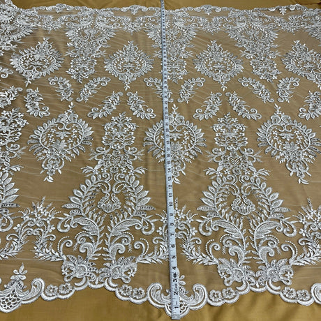 Beaded Corded Bridal Lace Fabric - Embroidered Floral Design, 52" Width (1 Yard)