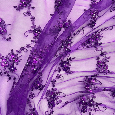 Beaded Lace Fabric Embroidered On 100 Percent Polyester Net Mesh - Purple, Lime Green, Black, Fuchsia, Red, 52" Width (1 Yard)