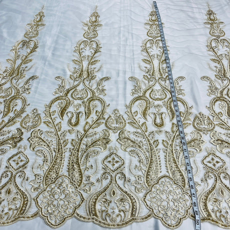 Beaded Lace Fabric Embroidered On 100 Percent Polyester Net Mesh - Gold, Ivory, Silver, White, 50" Width (1 Yard)
