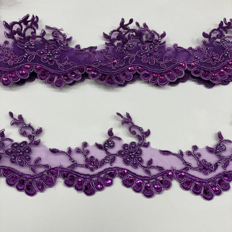 Beaded Corded Lace Trimming Polyester Fabric - Embroidered, 3.25" Width, Multiple Colors (1 Yard)