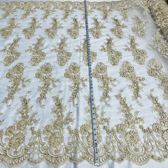 1 Yard Silver Corded Bridal Lace Fabric Embroidered on Polyester Net Mesh Floral Design 54 Inch Width