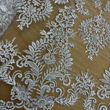 1 Yard Ivory Beaded and Corded Bridal Lace Fabric Embroidered on Polyester Net Mesh 52 Inch Width