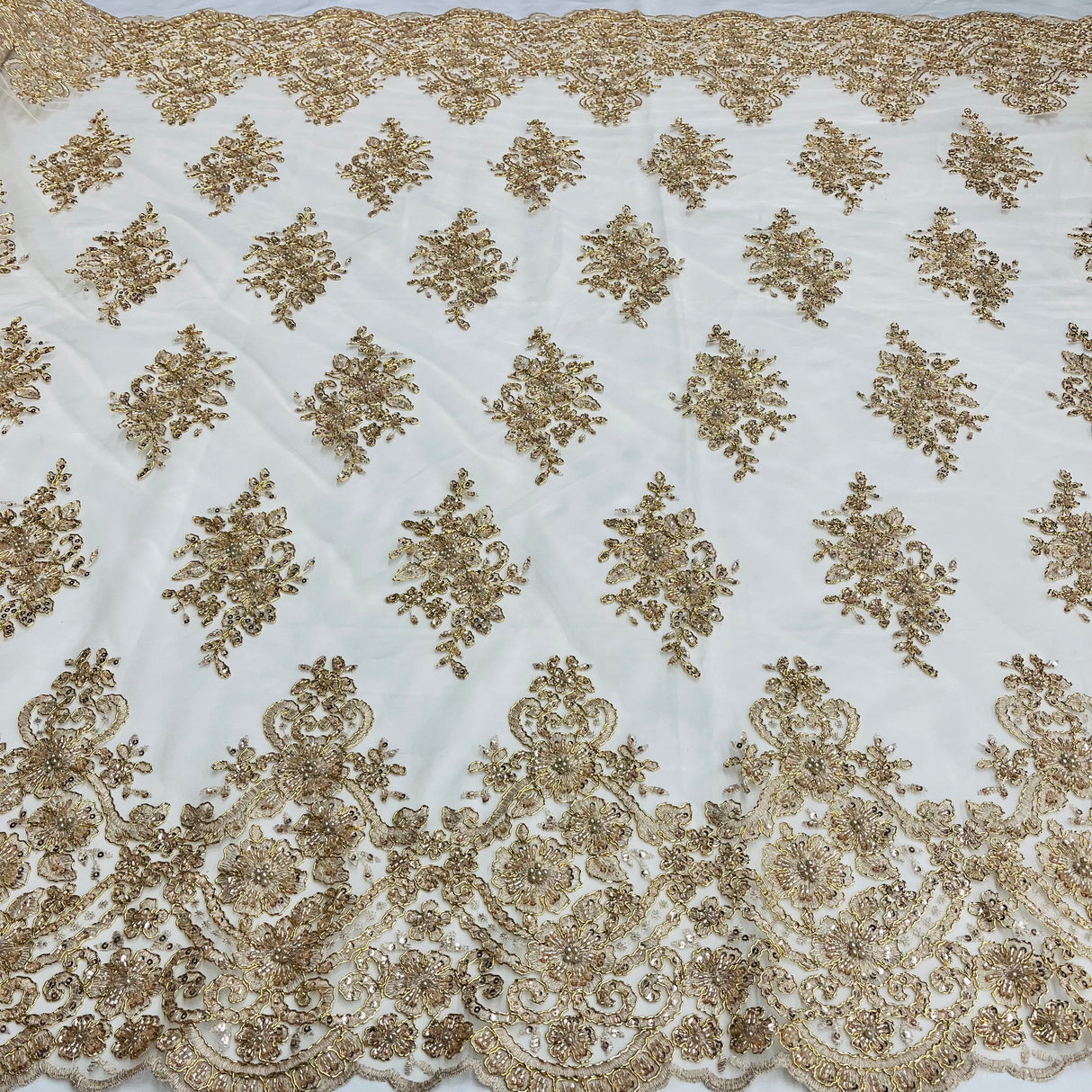 Beaded Corded Lace Fabric Metallic Scallops