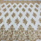 Beaded Corded Lace Fabric Metallic Scallops
