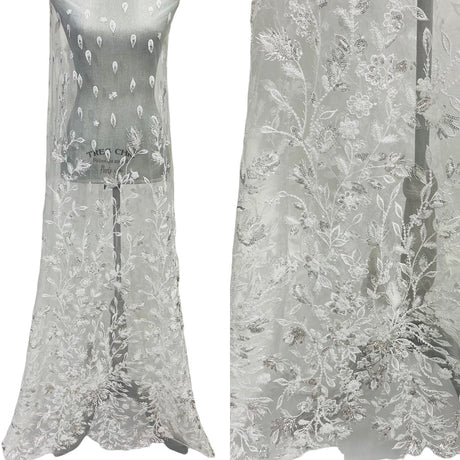 1 Yard Luxurious Beaded and Sequined Lace Fabric Embroidered on 100% Polyester Net Mesh White