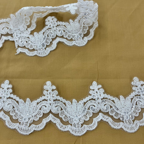 Beaded Corded Lace Trim on Polyester Net Mesh 3" Wide