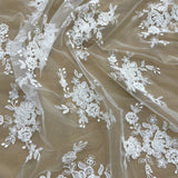 Beaded Corded Bridal Lace Fabric - Ivory Embroidered Net Mesh, 54" Width (1 Yard)