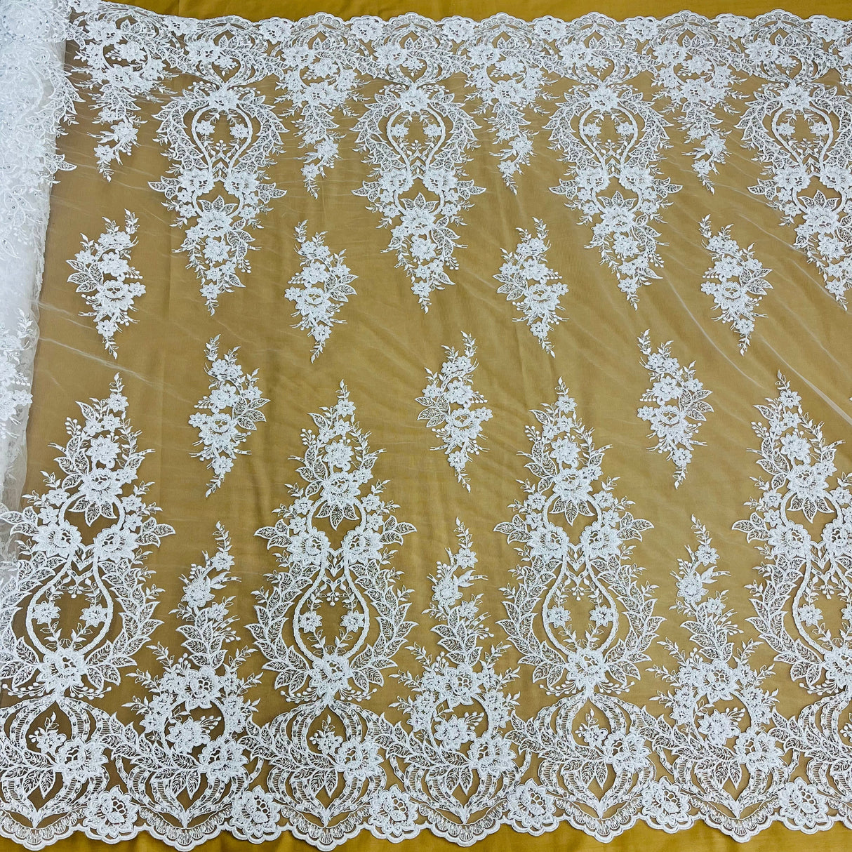 Beaded Corded Bridal Lace Fabric - Embroidered Net Mesh, White, Ivory, Silver, Gold, 54" Wide (1 Yard)