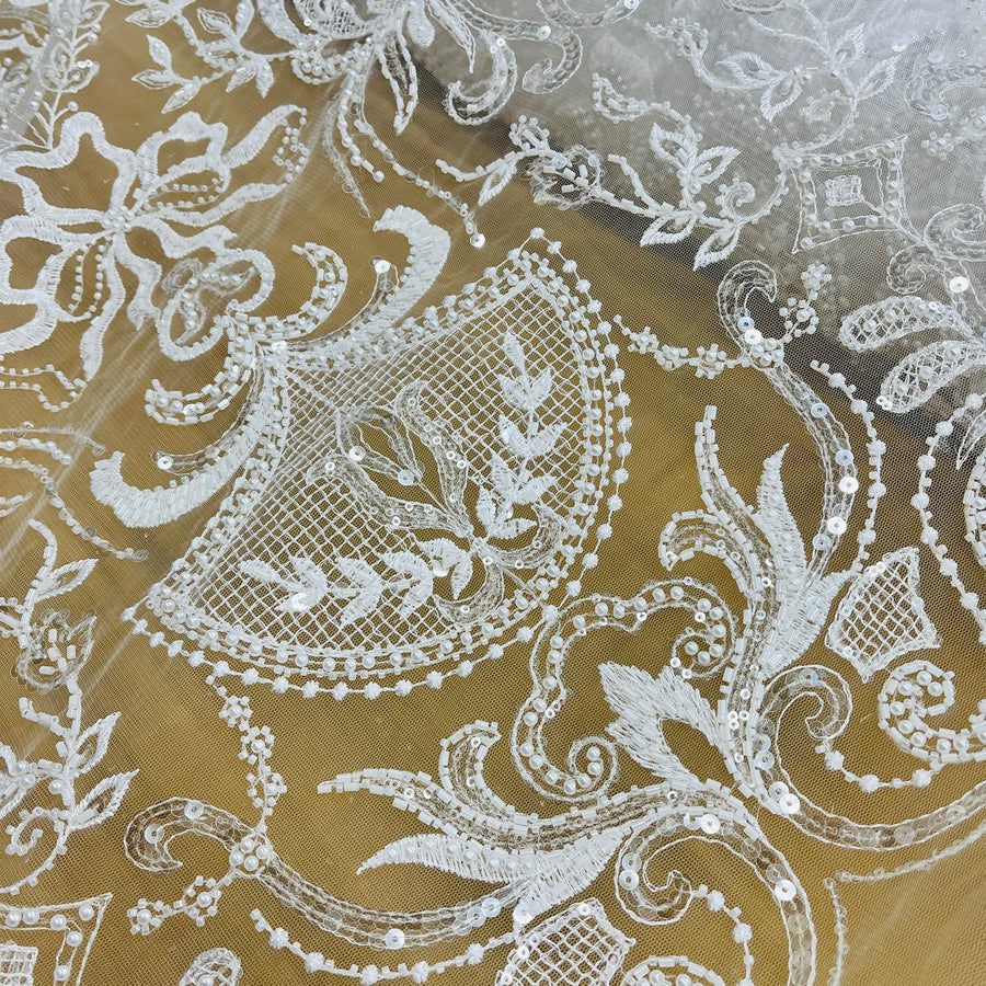 1 Yard Beaded Lace Fabric Embroidered on 100% Polyester Net Mesh Ivory