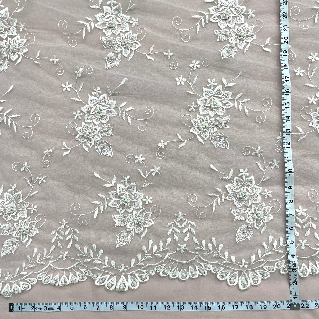 Beaded Lace Fabric Ivory Embroidered Mesh