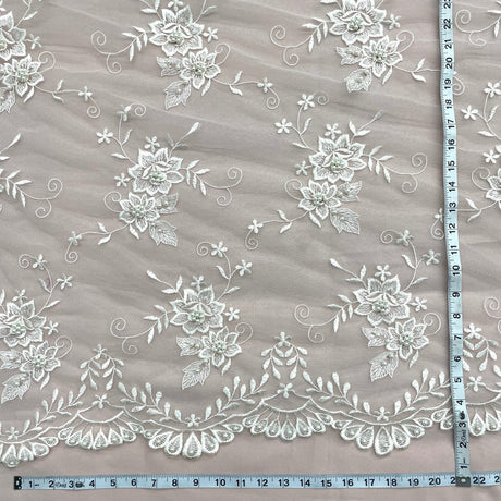 Beaded Lace Fabric Ivory Embroidered Mesh