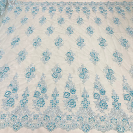 Beaded Corded Lace Fabric on Polyester Net Mesh