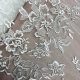 1 Yard Corded Bridal Lace Fabric Embroidered on Polyester Net Mesh 53 inch Width