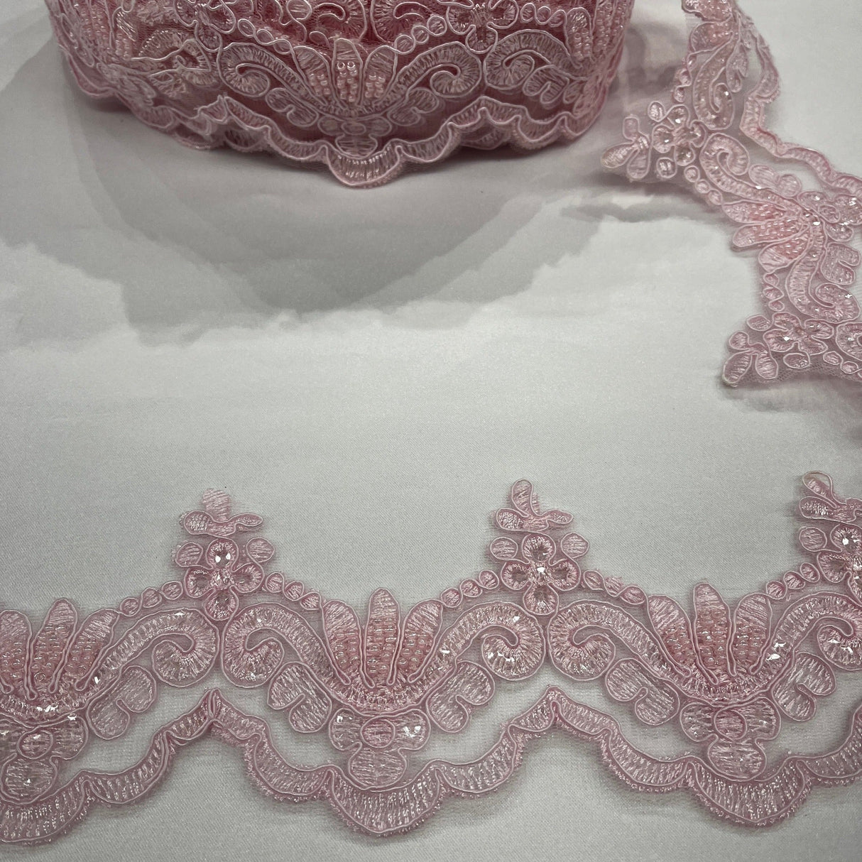 Beaded Corded Lace Trimming 100 Percent Polyester Net Mesh Fabric - Embroidered, 3" Wide, Multiple Colors (1 Yard)